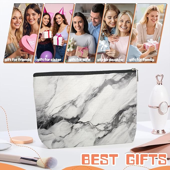 Makeup Bag Travel Cosmetic Bags Small Makeup Case Waterproof Zipper Pouch for Women Girls 7X9inches - Bold Black - Veined White Marble