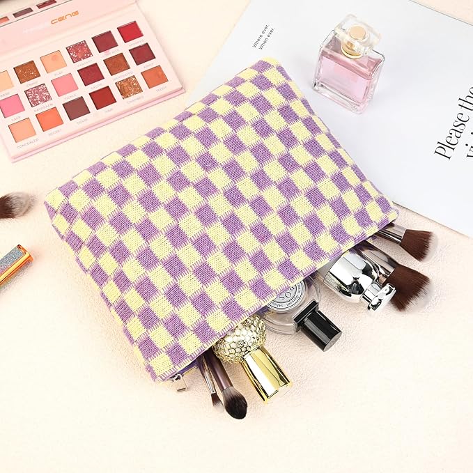 SOIDRAM 2 Pcs Checkered Makeup Bag Large Cosmetic Bag Toiletry Bag Makeup Pouch Travel Bag Organizer Cute Makeup Brushes Aesthetic Accessories Storage Bag for Women Purple
