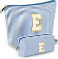 mibasies 2 PCS Initial Makeup Bags for Women: Cosmetic Bag for Travel Toiletry - Personalized Cute Makeup Pouch - Gifts for Grilfriend Wife Moms Bridesmaid - Retirement Travel Gifts - Blue E