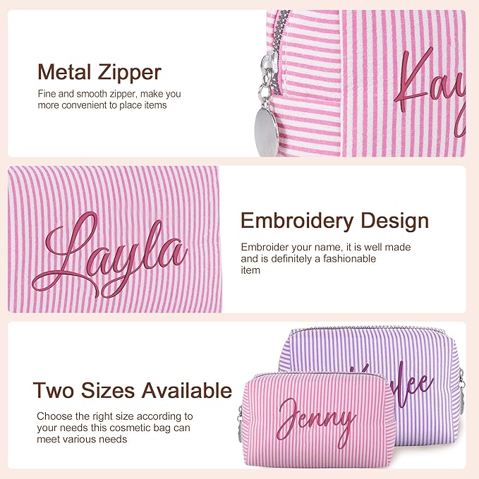 Yofair Personalized Makeup Bag with Bith Flower, Large Capacity Travel Toiletry Case Teen Girl Gift Trendy Stufff Custom Seersucker Cosmetic Bags Birthday Gifts for Girls