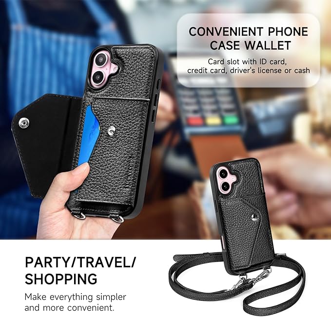 LUCKYCOIN Crossbody Wallet Phone Case for iPhone 16,100% Genuine Leather Wallet Phone Case with Expandable Flip Card Holder,Phone Purse for Women with Adjustable Removable Strap - Pebble Black