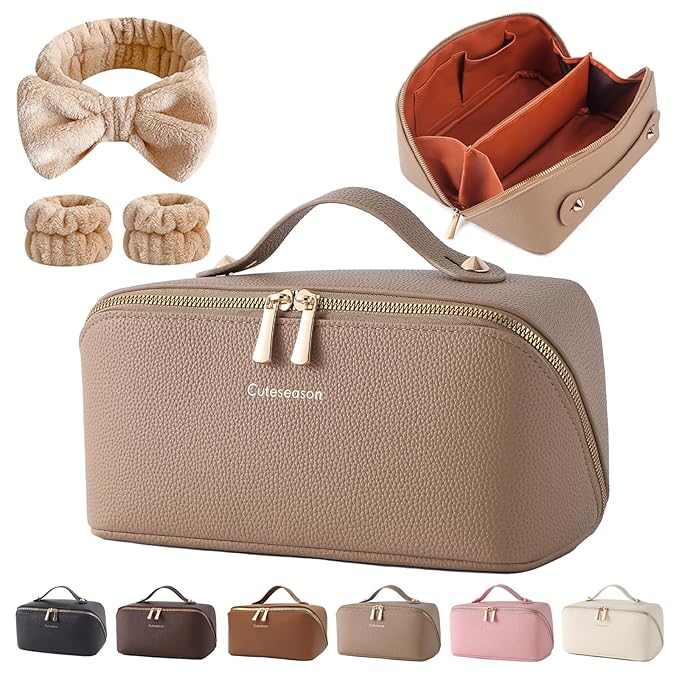 Makeup Bag, Travel Toiletry Bag for Women, Large Capacity Waterproof PU Leather Cosmetic Bags Make Up Organizer Bags with Headband and Wristband Set (Khaki, Lychee Pattern)