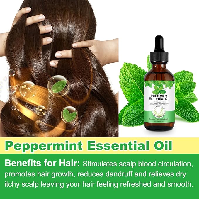 Peppermint Essential Oil 60ml, Natural Peppermint Oil for Hair Growth & Dandruff Removal - Perfect for Aromatherapy, Scalp and Body Massage, Refreshes, 2.02 fl.oz