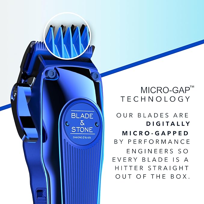 Blade & Stone™ Professional Barber Hair Clippers for Men PC801 Clipper | Diamond-S™ Blade | Micro-Gap Tech | Professional 7200 RPM Digital Motor, All-Metal, Cordless Clippers - Big Blue