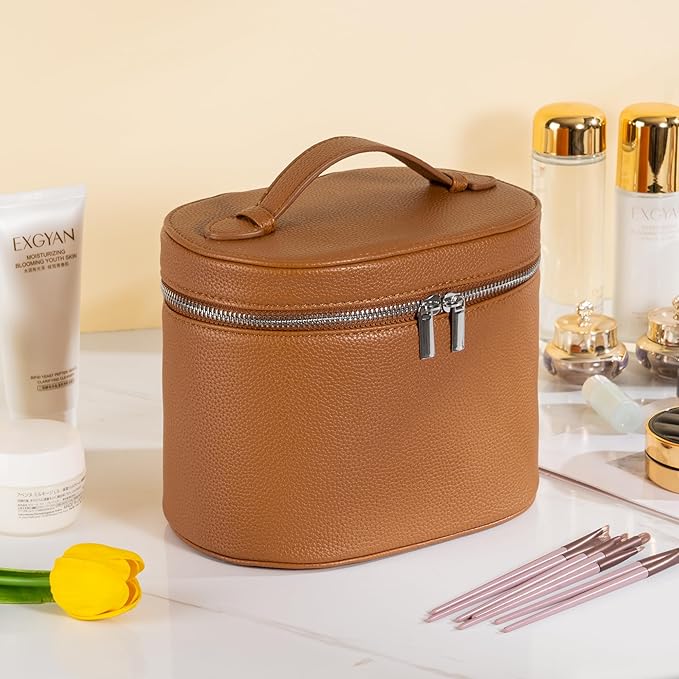 Makeup Bag Vanity Case Cosmetic Bag with Removable Divider Travel Toiletry Bag for Women Portable Make up Box Organizer, Brown