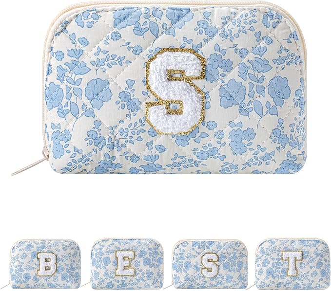 JOVAKIT Conch Alphabet Makeup Bag Cosmetic Bag for Women, Christmas Gifts for Women Girls, Blue Floral Coquette Travel Bag, Zipper Make Up Pouch Organizer Trendy Stuff (Blue Floral S)