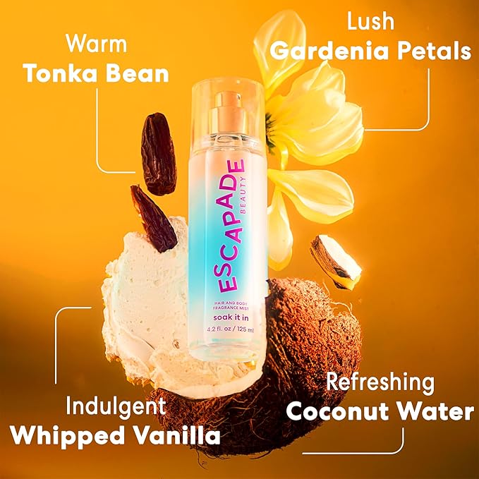 Escapade Beauty Soak It In Fragrance Body Mist (4.2oz) - Coconut water, Gardenia Petals, Tonka Bean, Whipped Vanilla