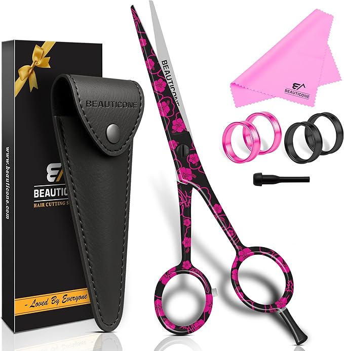 BEAUTICONE ® Hair Cutting Scissors - High Carbon SS 6.5" Professional Barber-Grade Salon Shears with Serrated & Razor Edge - Black Premium Gift Box with Leather Pouch & Extra Accs - Ultra Lightweight
