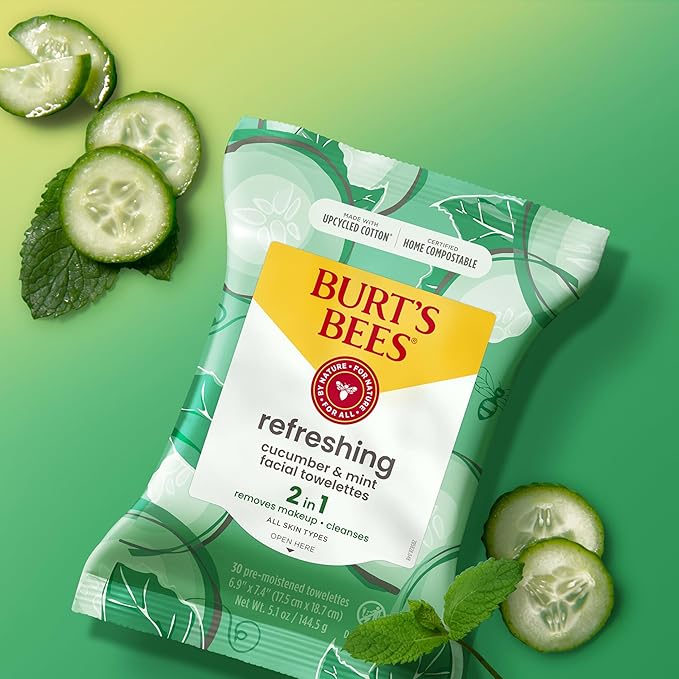 Burt's Bees Stocking Stuffers, Cucumber & Mint Face Wipes, for All Skin Types, Refreshing Makeup Remover & Facial Cleansing Towelettes, Skin Care Christmas Gifts, 30 Ct. (3-Pack)