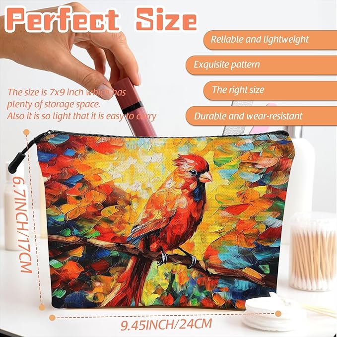 Cosmetic Bags Travel Makeup Toilet Case Waterproof Pouch for Women Girls 6.7X9.45inches - Red Bird Perched on Branch