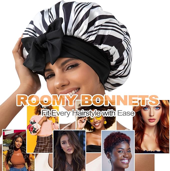 GDTOGRT Satin Silk Bonnet for Sleeping Women - Double Layer Sleep Hair Bonnets Caps for Curly Braid Hair with Tie Band