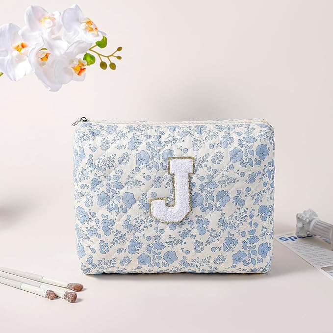 JOVAKIT Alphabet Makeup Bag Cosmetic Bag for Women, Christmas Gifts for Girls Age 6-18, Floral Flowers Coquette Travel Toiletry Zipper Make Up Pouch Organizer Trendy Stuff (2Pcs Blue Floral J)