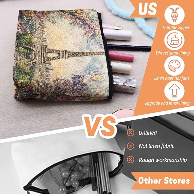 Cosmetic Bags Travel Makeup Toilet Case Waterproof Pouch for Women Girls 6.7X9.45inches - The Eiffel Tower Surrounded By Spring Flowers