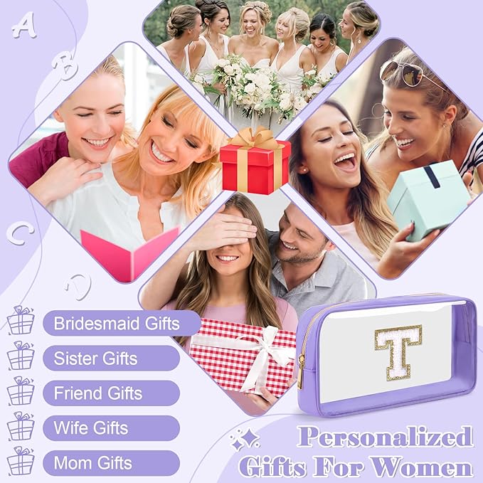 Personalized Initial Letter Clear Makeup Bag,Preppy Small Nylon&PVC Cosmetic Zipper Bag with Chenille Letter,Travel Skincare Toiletry Bag,Monogram Christmas Gift for Teen Girls Women,T