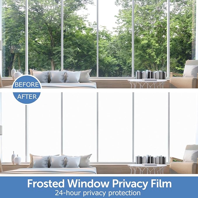 HIDBEA Frosted Window Privacy Film - Non Adhesive Static Cling Glass Stickers Sun UV Blocking Heat Control Door Covering Decals for Home Office(35.4 x 196.8 Inch, Frosted White)