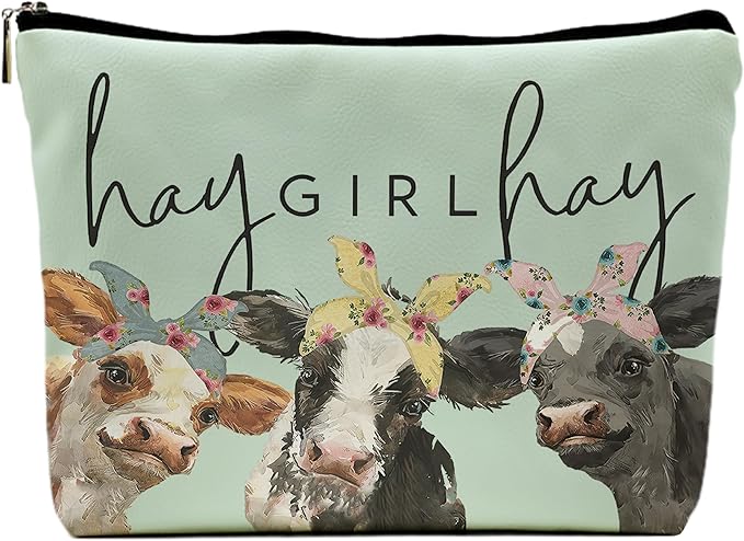 Cow Print Stuff,Cow Makeup Bag,Cow Gifts,Western Makeup Bag,Makeup Bags For Women,Cow Print(Green Pu Leather Cosmetic Bag)