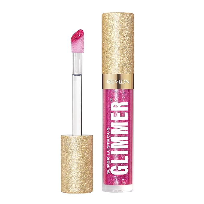 REVLON Super Lustrous Glimmer Gloss, Non-Sticky Lip Gloss, High-Shine Finish, Plant-Based Glitter, 009 Razz Beamy, 0.13 fl oz