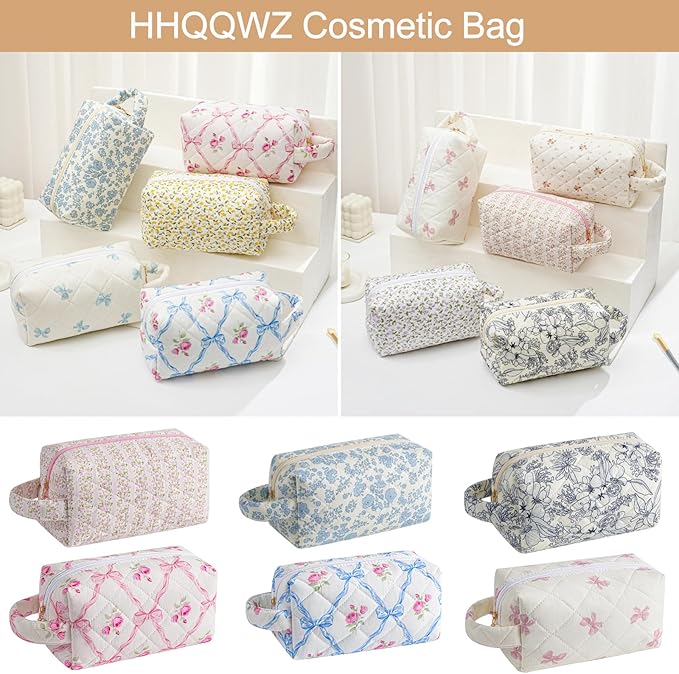 Makeup Bag Travel Cosmetic Bag for Women, Zipper Make Up Pouch, Floral Flowers Toiletry Organizer Makeup with Handle, Cosmetic Travel Cloth Bag (Navy Blue Flower)