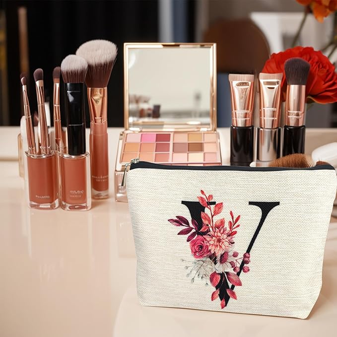 Initial A-Z Personalized Floral Makeup Bag, Monogrammed Birthday Gifts for Women Mom, Mothers Day Christmas Gift Ideas for Best Friend, Bride Bridesmaid, Her, Grandma, Small Travel Cosmetic Bag (V)