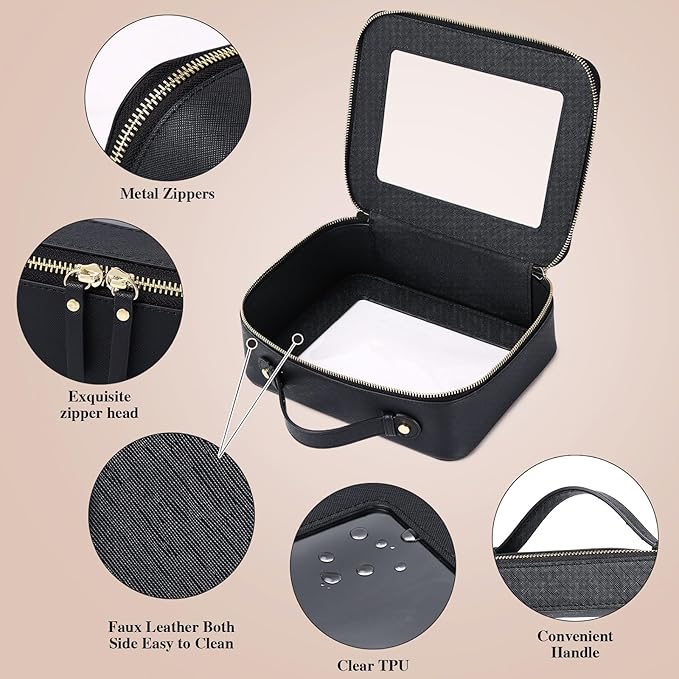 Pinkmik Clear Makeup Bag for Women Waterproof Travel Cosmetics and Toiletries Case Portable Makeup Oaganizer Bag Clear Car Bag with Zipper (Black, M+L)