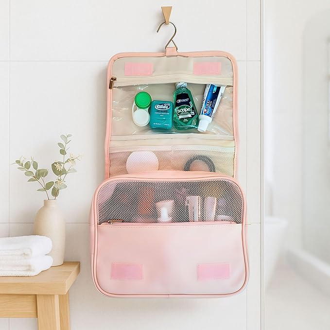 Custom Travel Toiletry Bag for Women, Personalized Vegan Leather Makeup Bag with Hanging Hook, Unique Bridesmaid Gifts, Wedding Gifts, Travel Containers, Womens gifts for Birthday