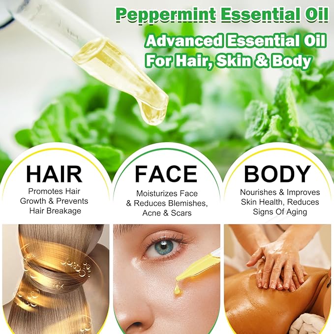 Peppermint Essential Oil 60ml, Natural Peppermint Oil for Hair Growth & Dandruff Removal - Perfect for Aromatherapy, Scalp and Body Massage, Refreshes, 2.02 fl.oz