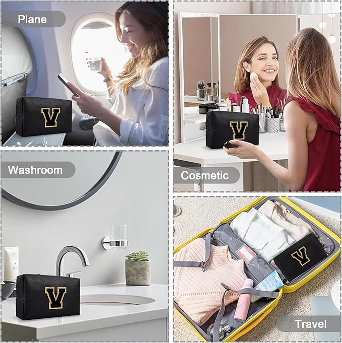 Personalized Initial Preppy Patch Makeup Bag, Travel Toiletry Zipper Pouch Cute Black Cosmetic Organizer Small Makeup Bag for Purse, PU Chenille Letter Make Up Bags Storage Gifts for Women(Letter V)