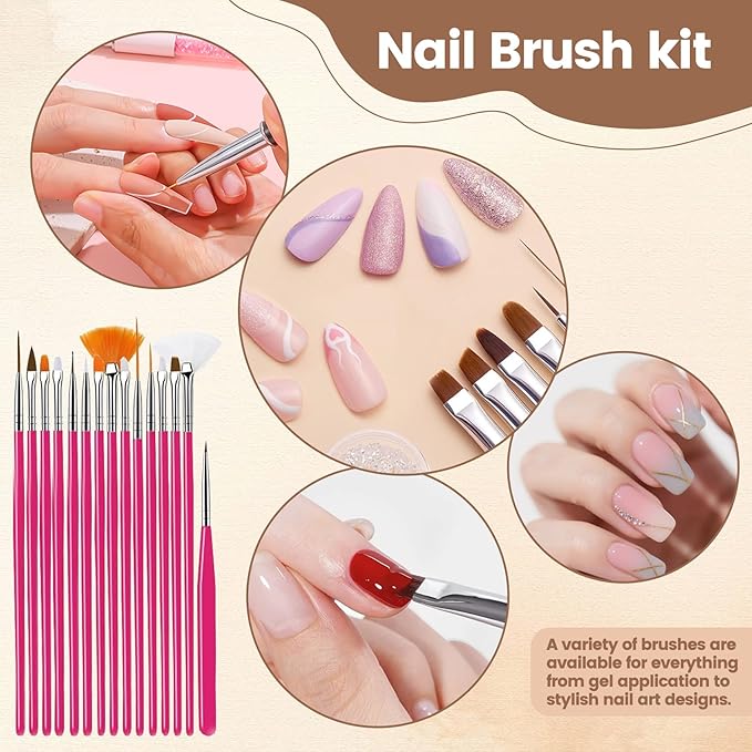 Nail Art Tools Set, 15 Nail Art Brushes 6 Nail Dotting Tool 3 Nail Stickers 2nail buffer 2 toe separator with Nail Stand Holder for Nail Tech & Beginners Nail Art Supplies Kit (Pink)