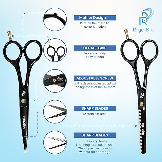 Professional Thinning Hair Cutting Shears & Barber Scissors for Hair Cutting Kit - Ideal for Kids, Men & Women - Premium J2 Japanese Stainless Steel shears for Salon, Home Use - 6.5 Inch