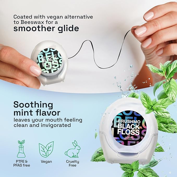 Brushmo Black Floss (BBFloss) - Expanding Floss, Gum-Friendly Soothing Mint Dental Floss, Natural Vegan Wax to Remove Plaque from Teeth, Dentist Designed PTFE & PFAS Free Oral Care, 4 Spools, 220 yd