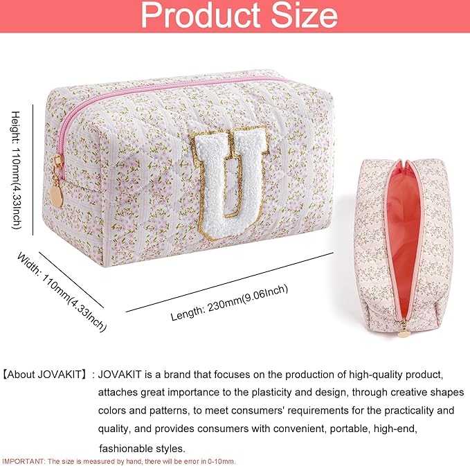 JOVAKIT Alphabet Makeup Bag Cosmetic Bag for Women, Christmas Gifts for Girls Age 6-18, Floral Flowers Coquette Travel Toiletry Zipper Make Up Pouch Organizer Trendy Stuff (Pink Floral U)