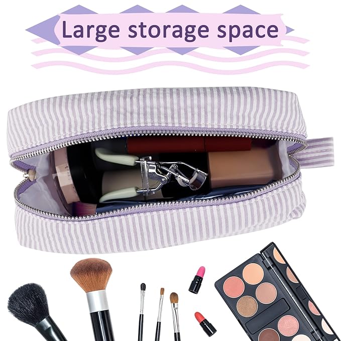 GFU Cosmetic Bags for Women, Seersucker Cosmetic Bag, Travel Toiletry Stripe Makeup Bag, Large Women Aesthetic Organizer Storage Pouch, Girls Handbags Purses,Purple