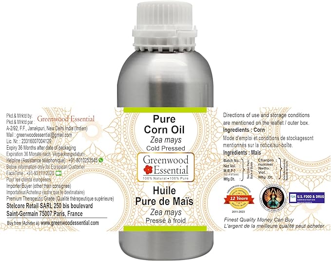 Greenwood Essential Pure Corn Oil (Zea mays) Cold Pressed 300ml (10 oz)