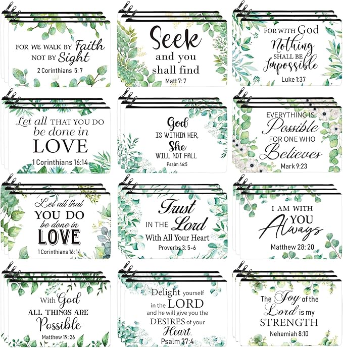 Hillban 36 Pcs Christian Gifts for Women Christian Makeup Bag Bible Verse Cosmetic Bag Inspirational Pencil Case with Zipper Green Leaves Travel Organizer Pouch for Cosmetics Makeup Brushes, 12 Styles