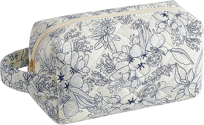 Makeup Bag Travel Cosmetic Bag for Women, Zipper Make Up Pouch, Floral Flowers Toiletry Organizer Makeup with Handle, Cosmetic Travel Cloth Bag (Navy Blue Flower)