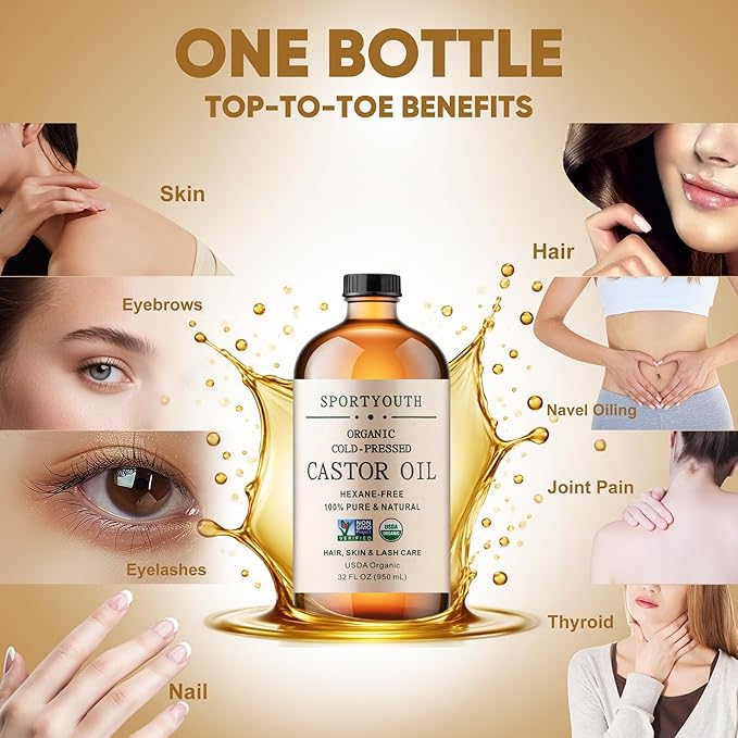 SPORTYOUTH Organic Castor Oil Cold Pressed Hexane Free 32 oz Glass Bottle USDA Certified 100% Pure Unrefined Carrier Oil for Hair Growth, Scalp, Castor Oil Pack, Eyelashes, Brows, Skin, Face, Body