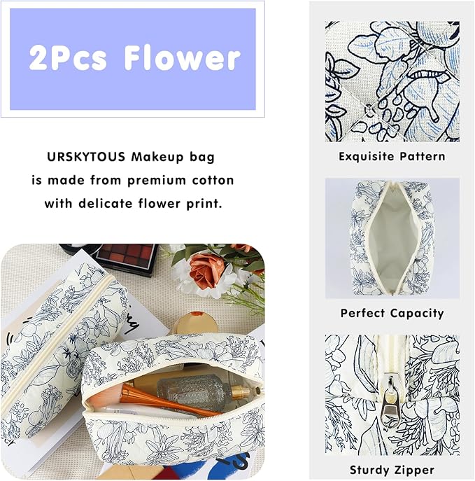 2Pcs Floral Makeup Bag for Women Cotton Quilted Coquette Cosmetic Bag Cute Zipper Black Flower Makeup Pouch Aesthetic Portable Pencil Pouch Travel Toiletry Bag Trendy Cloth Skincare Bag