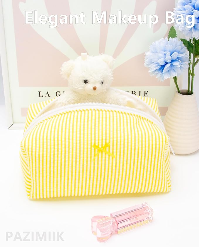 PAZIMIIK Cozy Makeup Bag Small Aesthetic Travel Zipper Cosmetic Pouch for Women Make Up Beauty Accessories Brushes, Stripe Yellow