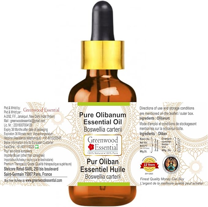 Greenwood Essential Olibanum Essential Oil (Boswellia carterii) with Glass Dropper | Pure | Non-Sticky | Non-Greasy | Lightweight | Men & Women | All Skin Types | Steam Distilled 15ml (0.50 oz)