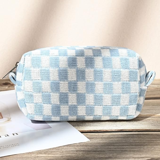 SOIDRAM 2 Pieces Makeup Bag Large Checkered Cosmetic Bag Capacity Canvas Mix Travel Toiletry Bag Organizer Cute Makeup Brushes Aesthetic Accessories Storage Bag for Women, Checkered Mix Blue
