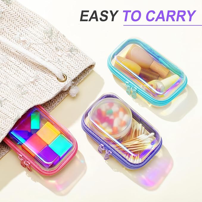 Hoolerry 3 Pcs Clear Hard Zipper Case Plastic Pouch Transparent Hard Case Clear Makeup Bag Portable Travel Organizer Bin for Cosmetics, Building Blocks, Puzzles(Laser,Xs)