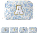 JOVAKIT Conch Alphabet Makeup Bag Cosmetic Bag for Women, Christmas Gifts for Women Girls, Blue Floral Coquette Travel Bag, Zipper Make Up Pouch Organizer Trendy Stuff (Blue Floral A)