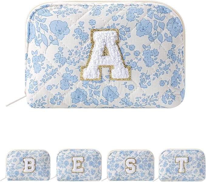 JOVAKIT Conch Alphabet Makeup Bag Cosmetic Bag for Women, Christmas Gifts for Women Girls, Blue Floral Coquette Travel Bag, Zipper Make Up Pouch Organizer Trendy Stuff (Blue Floral A)