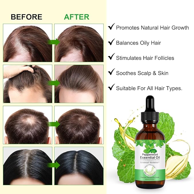 Peppermint Essential Oil 60ml, Natural Peppermint Oil for Hair Growth & Dandruff Removal - Perfect for Aromatherapy, Scalp and Body Massage, Refreshes, 2.02 fl.oz