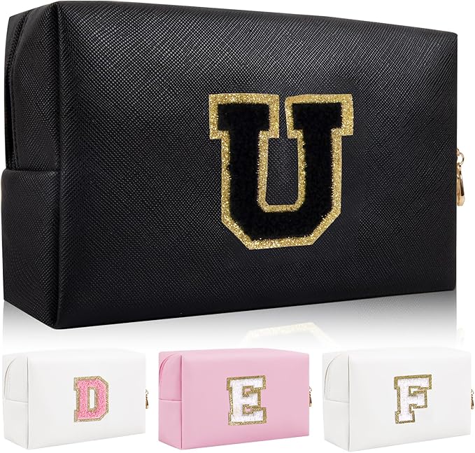 Personalized Initial Letter Patch Makeup Bag, Preppy Portable Chenille Letter Cosmetic Bag with Zipper, PU Leather Waterproof Travel Toiletry Bag Monogram Make Up Pouch for Women Girls