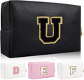 Personalized Initial Letter Patch Makeup Bag, Preppy Portable Chenille Letter Cosmetic Bag with Zipper, PU Leather Waterproof Travel Toiletry Bag Monogram Make Up Pouch for Women Girls