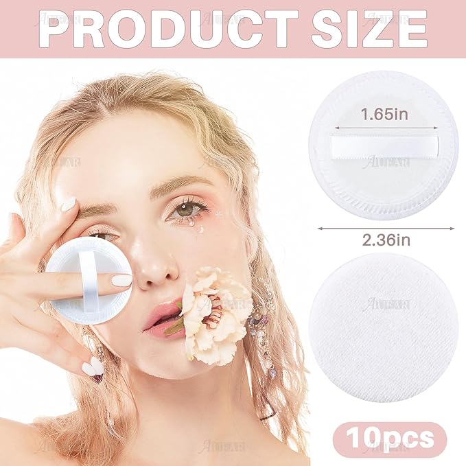 AUEAR, 10 Pack Powder Puffs Washable Pure Cotton Round Makeup Pads 2.36 Inch Cosmetic Face with Ribbon for Loose Foundation (White)