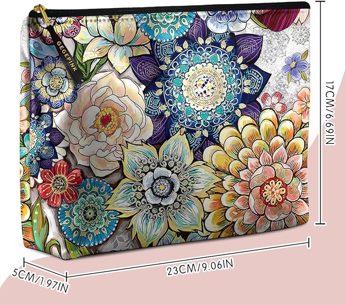 Cute Makeup Bag for Purse Waterproof Cosmetic Bags for Women Funny Smooth Zipper Travel Toiletry Pouch 10X8 Inches-Boho Floral Makeup pouch