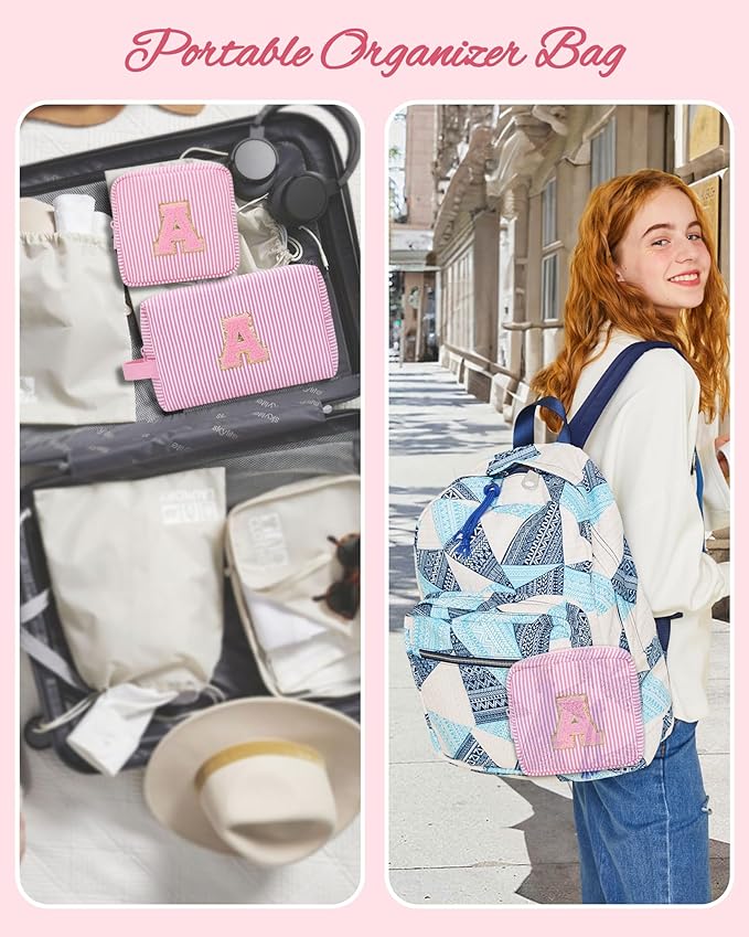 MONSTINA Preppy Chenille Makeup Bag|Personalized Initial Bags with Zipper,Cute Makeup Pouch Stripe Cosmetic Bag,Birthday Gift for Daughter|Preppy Things for Girls,2PCS Pink Q
