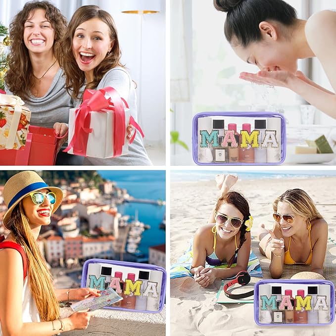 Iqimott Clear Patch Makeup Bag Mama Pouch, Preppy Personalized Chenille Letter Cosmetic Pouch for Travel, Nylon Waterproof Travel Essentials Zipper Toiletry Bags for Women Girls(MAMA, Purple)